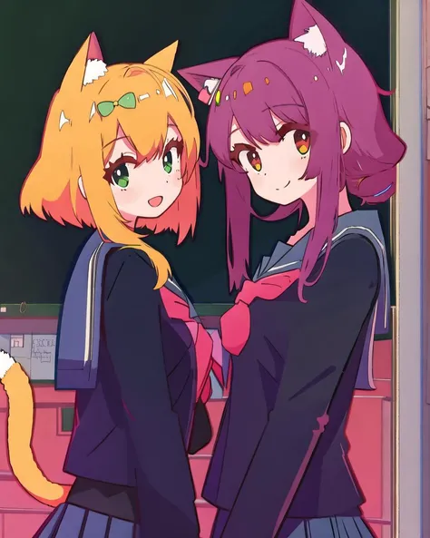 2girl, cat ears,school uniform, classroom,