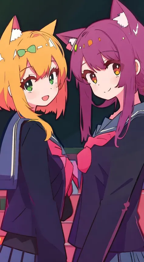 2girl, cat ears,school uniform, classroom,