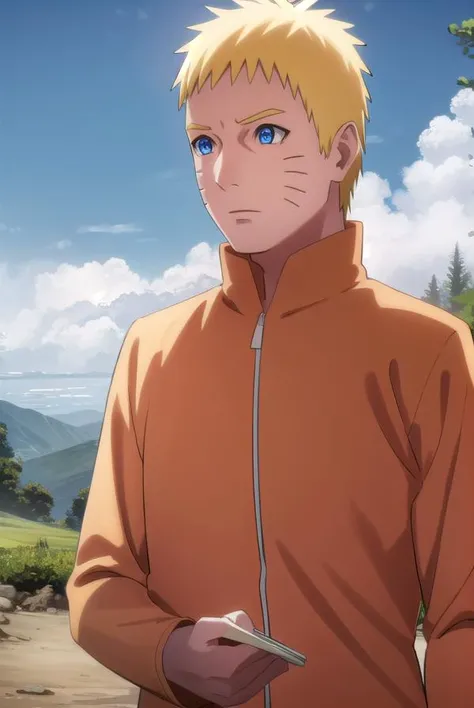 narutouzumaki, <lora:naruto uzumaki-lora-nochekaiser:1>,
naruto uzumaki, uzumaki naruto, blue eyes, blonde hair, male focus, facial mark, whisker markings, short hair,
BREAK long sleeves, jacket, orange jacket, pants, black pants,
BREAK outdoors, nature, forest, grass, sky, sun, clouds,
BREAK looking at viewer,
BREAK <lyco:GoodHands-beta2:1>, (masterpiece:1.2), best quality, high resolution, unity 8k wallpaper, (illustration:0.8), (beautiful detailed eyes:1.6), extremely detailed face, perfect lighting, extremely detailed CG, (perfect hands, perfect anatomy),