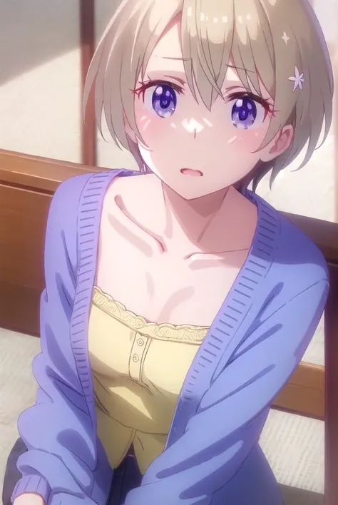 hotaruhoshikawa, <lora:hotaru hoshikawa s2-lora-nochekaiser:1>,
hotaru hoshikawa, short hair, brown hair, hair ornament, hair between eyes, (purple eyes:1.1), flower, hair flower,
BREAK collarbone, cardigan, dress, yellow dress,
BREAK indoors, office,
BREAK looking at viewer, (cowboy shot:1.5),
BREAK <lyco:GoodHands-beta2:1>, (masterpiece:1.2), best quality, high resolution, unity 8k wallpaper, (illustration:0.8), (beautiful detailed eyes:1.6), extremely detailed face, perfect lighting, extremely detailed CG, (perfect hands, perfect anatomy),