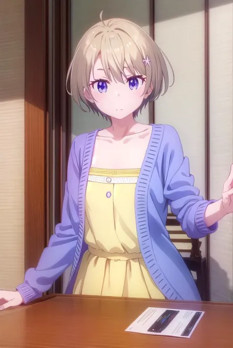 hotaruhoshikawa, <lora:hotaru hoshikawa s2-lora-nochekaiser:1>,
hotaru hoshikawa, short hair, brown hair, hair ornament, hair between eyes, (purple eyes:1.1), flower, hair flower,
BREAK collarbone, cardigan, dress, yellow dress,
BREAK indoors, office,
BREAK looking at viewer, (cowboy shot:1.5),
BREAK <lyco:GoodHands-beta2:1>, (masterpiece:1.2), best quality, high resolution, unity 8k wallpaper, (illustration:0.8), (beautiful detailed eyes:1.6), extremely detailed face, perfect lighting, extremely detailed CG, (perfect hands, perfect anatomy),