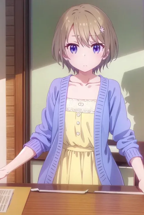 hotaruhoshikawa, <lora:hotaru hoshikawa s2-lora-nochekaiser:1>, 
hotaru hoshikawa, short hair, brown hair, hair ornament, hair between eyes, (purple eyes:1.1), flower, hair flower,
BREAK collarbone, cardigan, dress, yellow dress,
BREAK indoors, office,
BREAK looking at viewer, (cowboy shot:1.5),
BREAK <lyco:GoodHands-beta2:1>, (masterpiece:1.2), best quality, high resolution, unity 8k wallpaper, (illustration:0.8), (beautiful detailed eyes:1.6), extremely detailed face, perfect lighting, extremely detailed CG, (perfect hands, perfect anatomy),