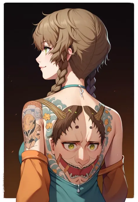 score_9, score_8_up, score_7_up,  hannya tattoo, back tattoo, 1girl,  <lora:Hannya tattoo-000008:1>     <lora:Amane Suzuha:1> amane suzuha, short hair, twin braids, green eyes, brown hair,