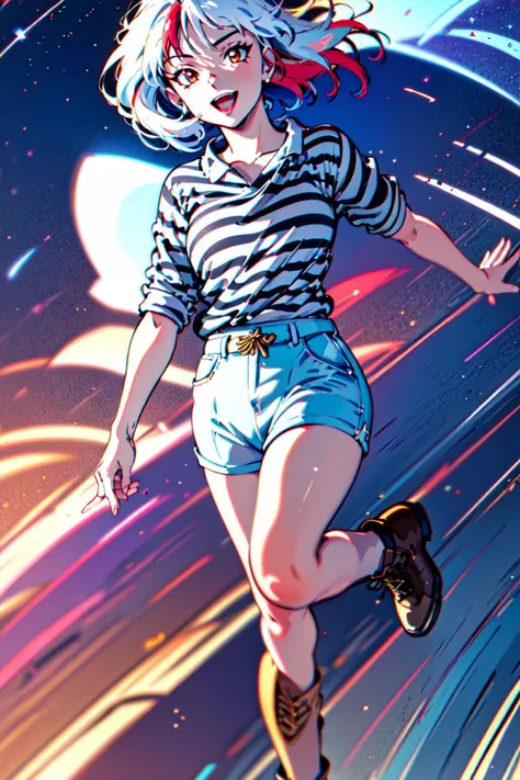 <lyco:Towa_Yashahime-10:0.7> (masterpiece, best quality, ultra-detailed, highres, best illustration), perfect face, side lighting, lustrous skin,(bloom), (shine), lighting, ray tracing, anime,1girl, shirt, striped shirt, solo, shorts, striped, striped shirt, brown footwear, short hair, blue shorts, boots, outstretched arms, multicolored hair, smile, open mouth, full body, blue hair, standing on one leg, long sleeves, red eyes, spread arms, standing, looking at viewer, :d, streaked hair, white hair, red hair, bangs,wide shot, depth_of_field, very detailed background,Dynamic angle, solo, extreme light and shadow,(detailed eyes), (extremely detailed illustrated 8k wallpaper),vivid colors,