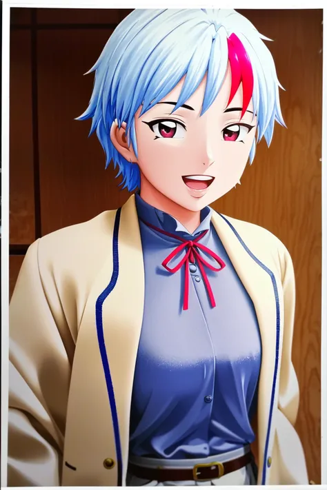 <lora:Towa_Yashahime-10:1> (masterpiece, best quality, ultra-detailed, highres, best illustration), perfect face, side lighting, lustrous skin,(bloom), (shine), lighting, ray tracing, anime,solo, 1girl, smile, open mouth, short hair, multicolored hair, white hair, streaked hair, looking at viewer, shirt, red hair, belt, :d, ribbon, jacket, ancient japan, very short hair, red eyes, neck ribbon, traditional media, red ribbon, blue hair, upper body, white shirt,wide shot, depth_of_field, very detailed background,Dynamic angle, solo, extreme light and shadow,(detailed eyes), (extremely detailed illustrated 8k wallpaper),vivid colors,