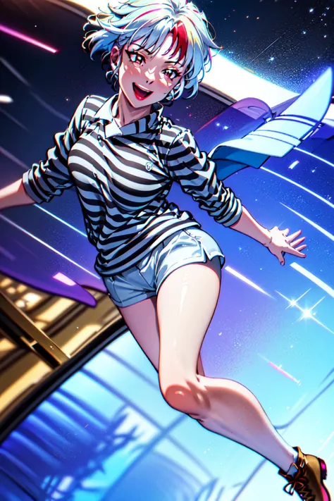 <lyco:Towa_Yashahime-10:1> (masterpiece, best quality, ultra-detailed, highres, best illustration), perfect face, side lighting, lustrous skin,(bloom), (shine), lighting, ray tracing, anime,1girl, shirt, striped shirt, solo, shorts, striped, striped shirt, brown footwear, short hair, blue shorts, boots, outstretched arms, multicolored hair, smile, open mouth, full body, blue hair, standing on one leg, long sleeves, red eyes, spread arms, standing, looking at viewer, :d, streaked hair, white hair, red hair, bangs,wide shot, depth_of_field, very detailed background,Dynamic angle, solo, extreme light and shadow,(detailed eyes), (extremely detailed illustrated 8k wallpaper),vivid colors,