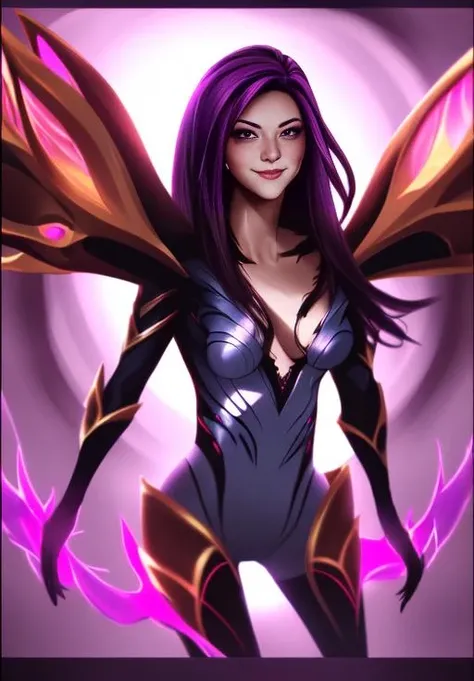 void, kai'sa, league of legends, 1girl, looking at viewer, breasts, solo, medium breasts, long hair, facial mark, bodysuit, skintight, cleavage, black hair, cowboy shot, collarbone, parted lips