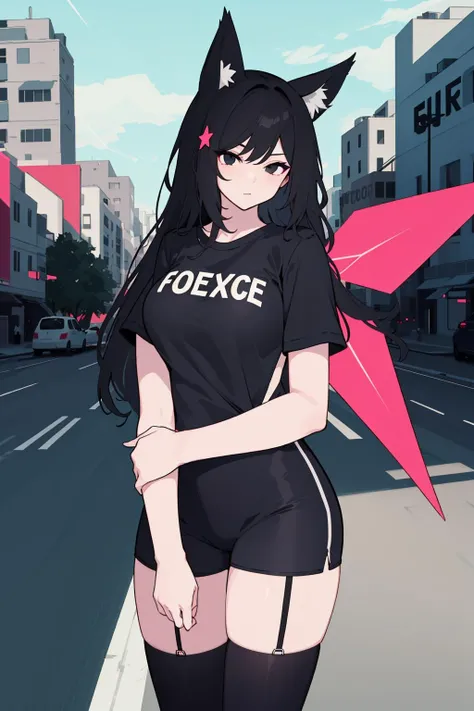 1girl, solo, fox ears, black eyes, black hair, black shirt, short pants, long hair, hair ornament, <lora:STARGLITCHER:0.5>, ((StarGlitcherWings)), cityscape