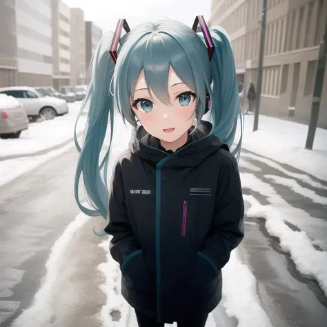 <lora:psta_2-000017:0.7>psta background, masterpice,1girl, hatsune miku, vocaloid, (intricate details:0.1), snow, dirt, street, looking at viewer, detailed face