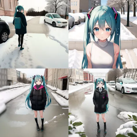 <lora:psta_2-000018:1.0>psta background, masterpice,1girl, hatsune miku, vocaloid, (intricate details:0.1), snow, dirt, street, looking at viewer, detailed face