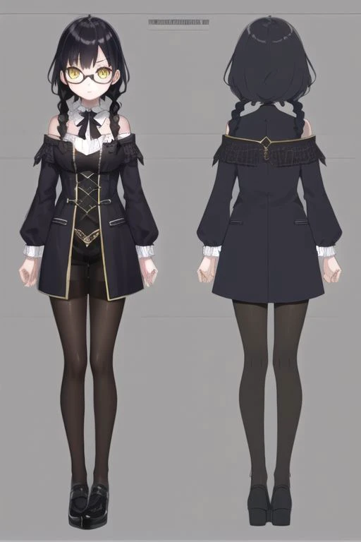 anime, girl, goth, black hair, twin braids hair, glasses, yellow eyes, black short shorts, witch, medieval fantasy, small boobs, uniform, shoulders, noble, gothic makeup,pantyhose, serious face, simple blackground, model sheet