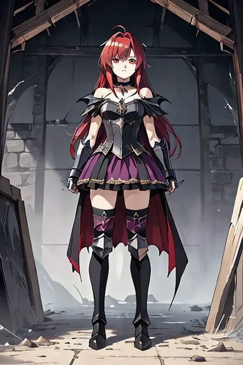 anime, 1girl, red hair, long messy hair, red eyes, purple short messy dress, thighs, shoulders, evil, cold expression, standing, dark magic gauntlet on left arm, villainess, long armored boots, a messy hair falling in face, medieval fantasy, fantasy,  dark witch, messy clothes,