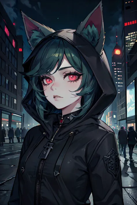 <lyco:EnvyGoth01:1>,  portrait of a girl, 1girl, (masterpiece, best_quality, ultra-detailed, immaculate:1.3), vex <lora:vex3:0.7>, grey skin, hoodie, goth, cat ears, bored face, dark green hair with black, city at night background