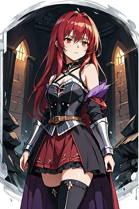 anime, 1girl, red hair, long messy hair, red eyes, purple short messy dress, thighs, shoulders, evil, cold expression, standing, dark magic gauntlet on left arm, villainess, long armored boots, a messy hair falling in face, medieval fantasy, fantasy, dark witch, messy clothes,