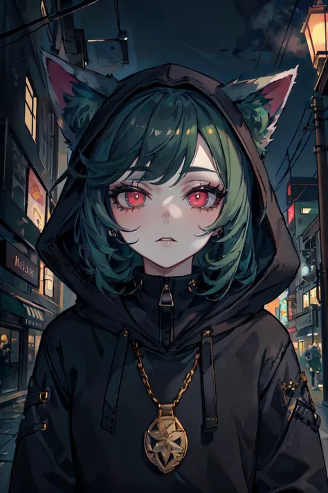 <lyco:EnvyGoth01:1>,  portrait of a girl, 1girl, (masterpiece, best_quality, ultra-detailed, immaculate:1.3), vex <lora:vex3:0.7>, grey skin, hoodie, goth, cat ears, bored face, dark green hair with black, city at night background