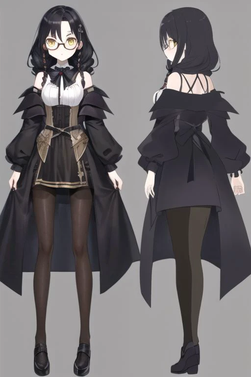 anime, girl, goth, black hair, twin braids hair, glasses, yellow eyes, black short shorts, witch, medieval fantasy, small boobs, uniform, shoulders, noble, gothic makeup,pantyhose, serious face, simple blackground, model sheet