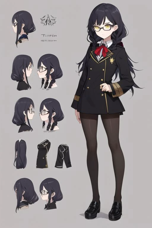 anime, girl, goth, black hair, twin braids hair, glasses, yellow eyes, black short shorts, witch, medieval fantasy, small boobs, uniform, shoulders, noble, gothic makeup,pantyhose, serious face, simple blackground, model sheet