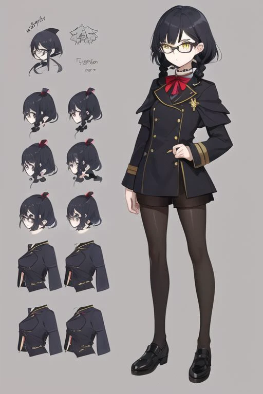 anime, girl, goth, black hair, twin braids hair, glasses, yellow eyes, black short shorts, witch, medieval fantasy, small boobs, uniform, shoulders, noble, gothic makeup,pantyhose, serious face, simple blackground, model sheet, chara-sheet