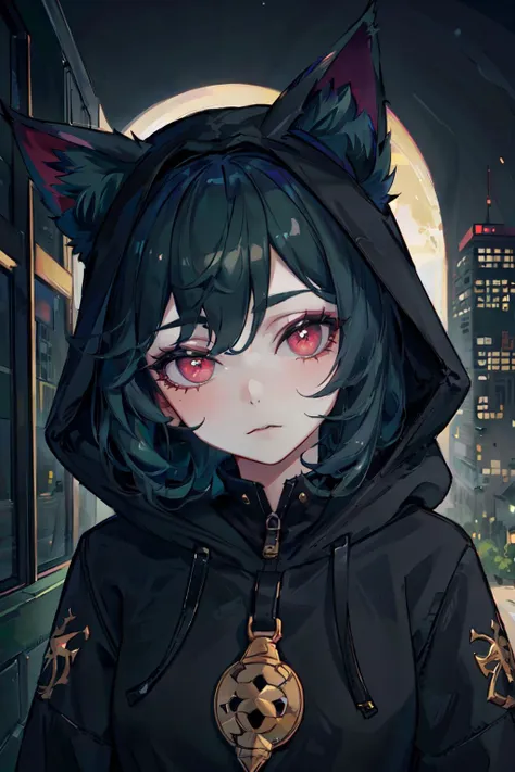 <lyco:EnvyGoth01:1>,  portrait of a girl, 1girl, (masterpiece, best_quality, ultra-detailed, immaculate:1.3), vex <lora:vex3:0.7>, grey skin, hoodie, goth, cat ears, bored face, dark green hair with black, city at night background