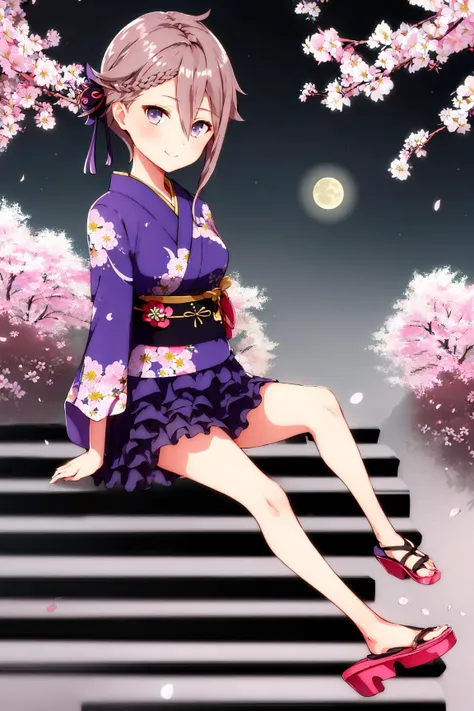 ((masterpiece,best quality)), (1girl, solo), bare legs, cherry blossoms, (night), moon, (dark), shadows, flower, hair ribbon, japanese clothes, kimono, long hair, looking at viewer, smiling, obi, outdoors, sandals, stairs, sitting, statue, torii, tree, thighs, microskirt, barefoot sandals, no panties, facing viewer, <lora:Ange V1.1:1>