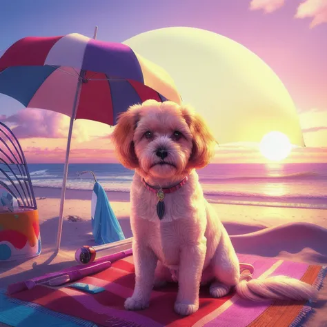 ((DSLR photo)), Best quality, detailed, (80s style:1.2), 1980, (retro:1.2), laying on the beach, towel, radio, parasol, (((cute dog))) with ((hair flowing in the wind)), giant red sun, <lora:theovercomer8sContrastFix_sd15:0.5>, ((sunset)), <lora:VaporWaveV1:0.7>, depth-of-field, splashes, splatter, high detail, panoramic, hyper dramatic, 4k, epic, volumetric lighting,