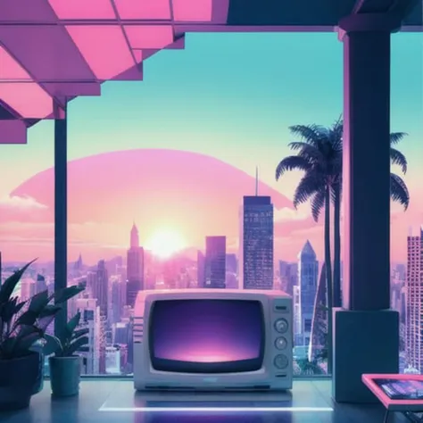 ((realistic)), <lora:VaporWaveV1:0.7>, VaporWaveV1, ((scanlines)), (old television), ((static)), ((pixel graphics)), computer-generated landscape, ((cga)), ((ega)), (vga), ((8 0 s)), computer, ocean, sky, loft apartment, statue, ((sunset)), clock, ((neat lines)), pool, plant, high detail, skyline in background, panoramic, Agnes Cecile, colorful, Carne Griffiths, hyper dramatic,