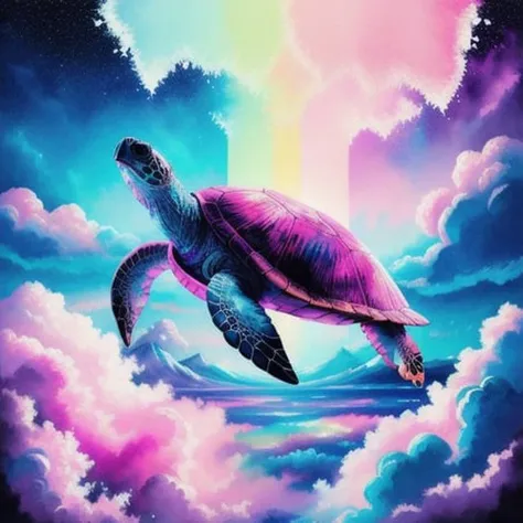 ((realistic)), <lora:VaporWaveV1:0.7>, VaporWaveV1, ((close up)), close-up of a giant ((turtle)) flying through the clouds, pink haze, white fluffy clouds, ocean below, ((rainbow)), (sparkling stars), ((((8 0 s)))), 4k, DSLR photo, high quality, volumetric lighting, ((water colors)), ((painting)), depth-of-field, high detail, panoramic, Agnes Cecile, colorful, Carne Griffiths, hyper dramatic, <lora:theovercomer8sContrastFix_sd15:0.6>