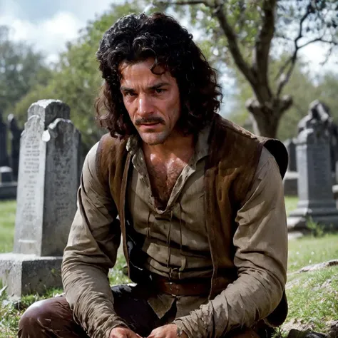 a sad man kneeling and crying at a grave in in old graveyard,<lora:InigoMontoyaLoRA:1> man, with, brown, hair, and, mustache, vest, white, shirt, beautiful eyes, beautiful, high detail skin, high detail eyes, high detail hair, highres, ultra detailed, detailed pores, imperfect skin, detailed reflective shiny skin, diffused skin pores,sharpen picture, Highly detailed, masterpiece, best quality, sad