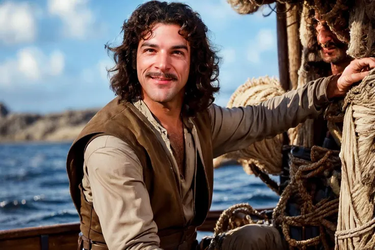 a man standing on a boat on the sea, ((full body)) wide shoot<lora:InigoMontoyaLoRA:1> man, with, brown, hair, and, mustache, vest, white, shirt, beautiful eyes, beautiful, high detail skin, high detail eyes, high detail hair, highres, ultra detailed, detailed pores, imperfect skin, detailed reflective shiny skin, diffused skin pores,sharpen picture, Highly detailed, masterpiece, best quality, big smile