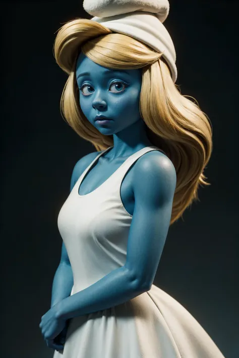 upper body,8k,highres,wallpaper, 3d, 3d animation,cartoon,,best quality,looking at viewer,sad,<lora:smurfette_Character:0.6> smurfetteOC, hat, white dress, colored skin, blue skin, blonde
