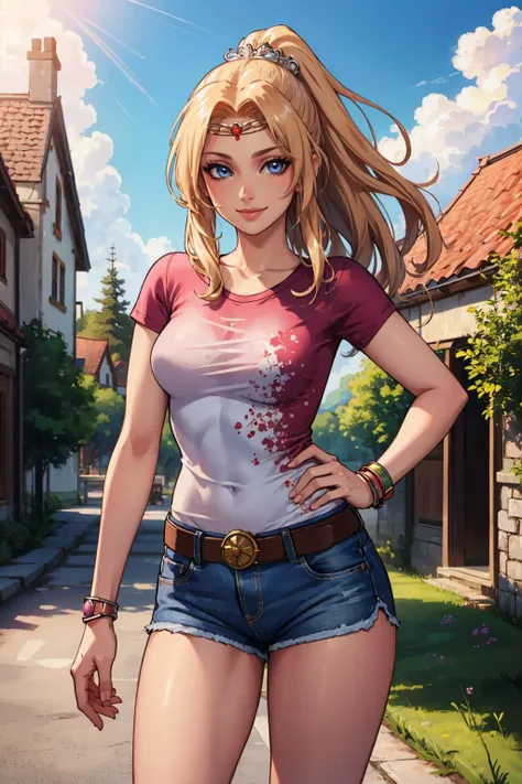 masterpiece, best quality, rosafarrell, circlet, pink t-shirt, shorts, looking at viewer, smile, summer, village, hands at hips <lora:rosa-nvwls-v1-000011:0.7>