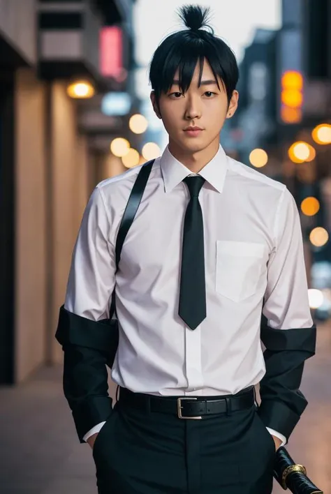 1boy, 4k, fine detail, ultra high resolution, detailed face, delicate eyes, gradient eyes, gradient hair, light tracing, real skin, <lora:HayakawaAkiChainsawMan_HayakawaAkiChainsawMan:1>, RAW photo, a full body portrait photo of a 25 years old man cosplay as Hayakawa Aki in a black suit with a katana blade, short ponytail haircut, pale skin, slim body, background is Night life of Shibuya, (high detailed skin:1.2), 8k uhd, dslr, soft lighting, high quality, film grain, Fujifilm XT3