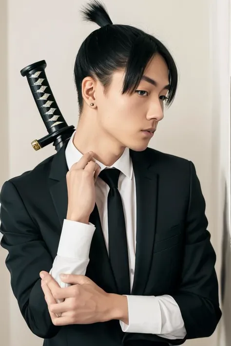 1boy, 4k, fine detail, ultra high resolution, detailed face, delicate eyes, gradient eyes, gradient hair, light tracing, real skin, <lora:HayakawaAkiChainsawMan_HayakawaAkiChainsawMan:1>, RAW photo, a full body portrait photo of a man name Hayakawa Aki in black suit with katana blade on his hand, short ponytail haircut, pale skin, slim body, background is Night life of Shibuya, (high detailed skin:1.2), 8k uhd, dslr, soft lighting, high quality, film grain, Fujifilm XT3