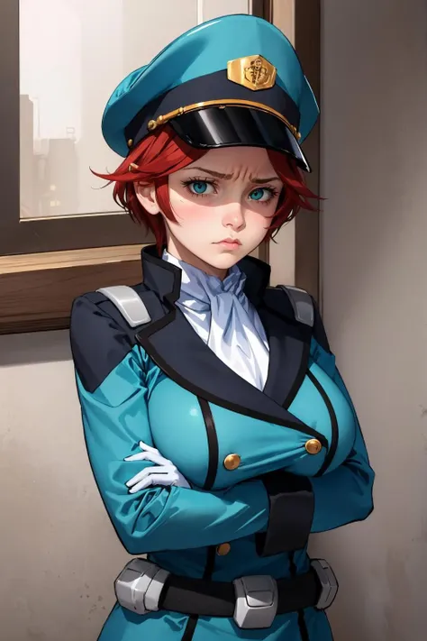 masterpiece, best quality, natora einus, peaked cap, military uniform, white gloves, furrowed brow, annoyed, blushing, looking at viewer, pouting, cowboy shot, large breasts <lora:natoraeinus-nvwls-v1-000009:0.9>