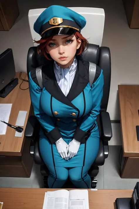 masterpiece, best quality, natora einus, peaked cap, military uniform, white gloves, large breasts, looking at viewer, sitting, office, science fiction, chair, confused, from above <lora:natoraeinus-nvwls-v1-000009:0.9>