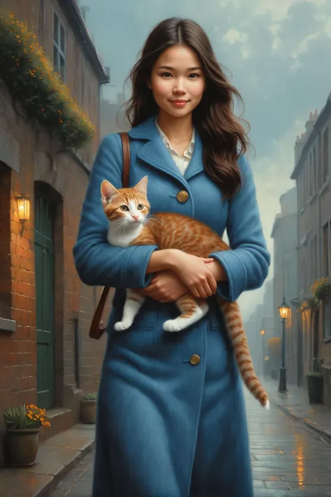 by Chris Leib, by Alexander Millar and Duy Huynh in the style of Mark Lovett, cute 18 year old woman and her kitten, digital painting <lora:digital_painting_envy01:1.00>