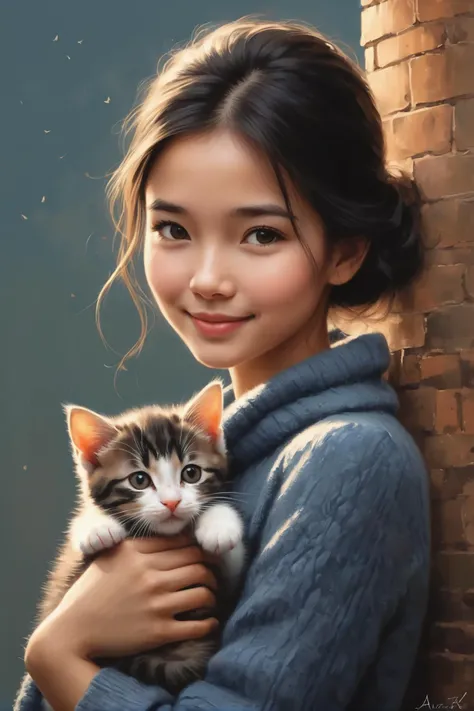 by Alexander Millar and Duy Huynh in the style of Mark Lovett, cute 18 year old woman and her kitten, digital painting <lora:digital_painting_envy01:1.00>, magical