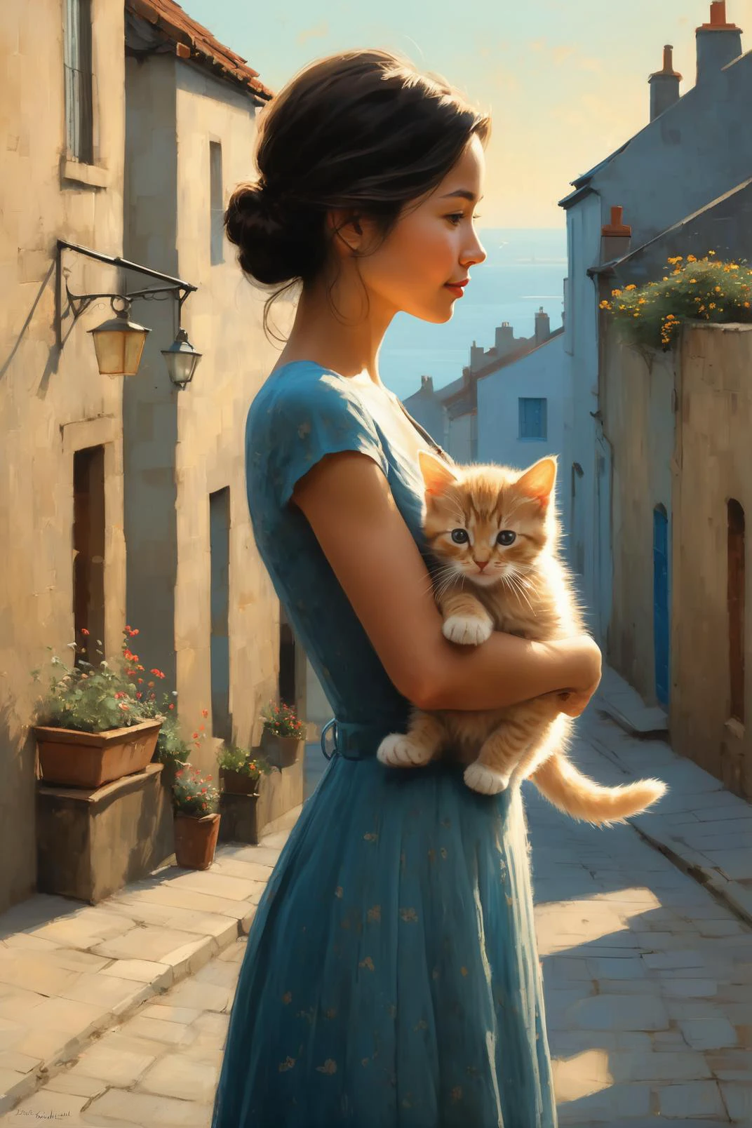 by Alexander Millar and Duy Huynh in the style of Mark Lovett, cute 18 year old woman and her kitten, digital painting <lora:digital_painting_envy01:1.00>