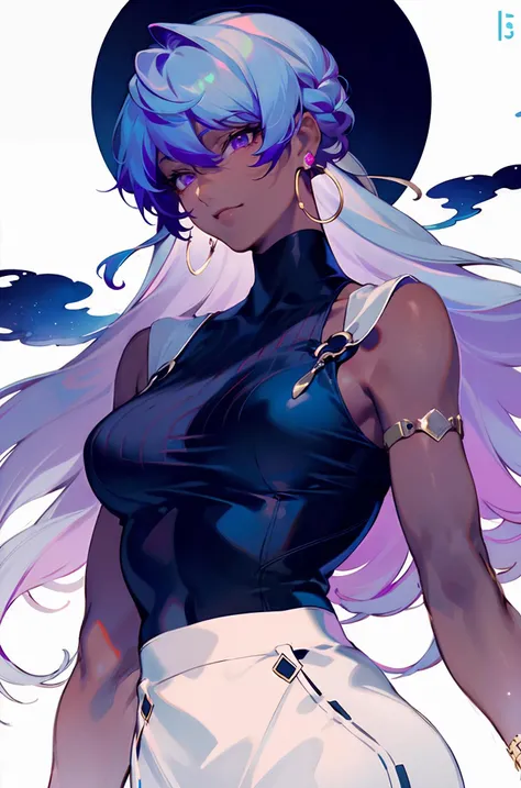 ((masterpiece:1.2, best quality)), ultra detailed, Ultra-precise depiction, Ultra-detailed depiction,visually stunning,
1lady, rei style,fantastic colors,purple eyes,light blue hair,dark skin,upper body, <lora:Rei:0.7>,<lyco:GoodHands-beta2:1>,
(Silk_cami_top:1.5),(Flowy_maxi_skirt:1.4),(Statement_earrings:1.3),