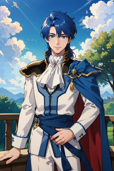 masterpiece, best quality, <lora:Sigurd_Fp:0.9> sigurdfe, armor, white pants, ascot, blue cape, castle, blue sky, clouds, smile, looking at viewer, cowboy shot