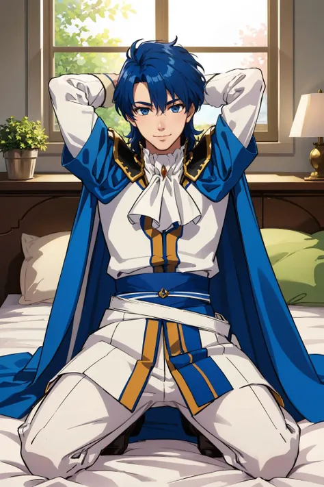 masterpiece, best quality, <lora:Sigurd_Fp:0.9> sigurdfe, armor, white pants, ascot, blue cape, bed, bedroom, seiza, arms behind head, smile, sink