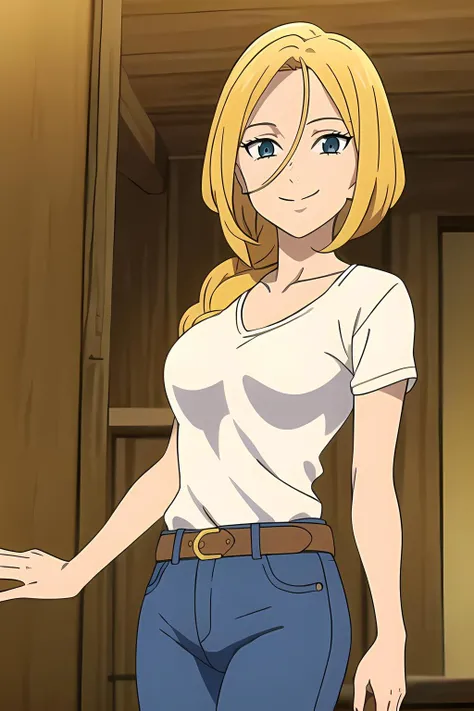 masterpiece, best quality, Jenna, blond hair, hair between eyes, collarbone, (single braid), long hair, blue eyes, breasts, white shirt, jeans, smile, <lora:Jenna nanatsu no taizai:0.8>