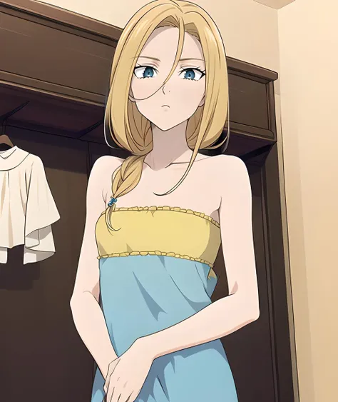 masterpiece, best quality, sharp focus, shiny skin, <lora:Jenna nanatsu no taizai:0.7> Jenna, blond hair, hair between eyes, collarbone, single braid, long hair, blue eyes, breasts, mature female, looking at viewer, <lora:edgAsianc:0.8> edgasianc, a dress hanging on a clothes rack next to a picture,