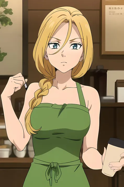 masterpiece, best quality, mature female, Jenna, blond hair, hair between eyes, collarbone, (single braid), long hair, blue eyes, breasts, posing, <lora:Jenna nanatsu no taizai:0.8>, <lora:breast_milk_latte:0.7> breast milk latte, holding cup, marker, meme, cafe, green apron,