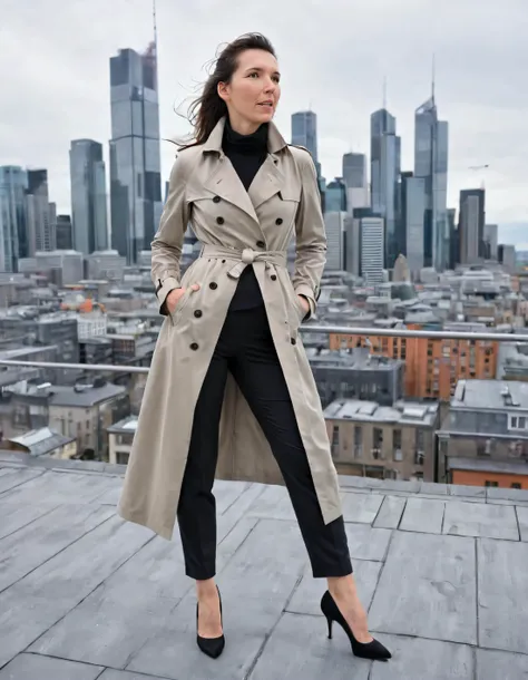 Amidst a bustling cityscape, Eva zu Beck - a striking and confident woman adorned in her timeless monochrome ensemble of a structured trench coat, tailored trousers, and elegant pumps - gracefully interacts with the urban backdrop from a birds-eye view, her every movement reflecting an effortless yet poignant synergy with the abstract cityscape as she extends her hands in a mesmerizingly choreographed dance towards the infinite, towering skyline. <lora:qukjqy18f72cf16cbh74:1>
