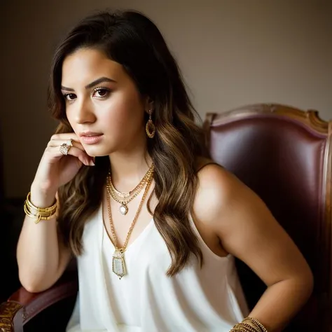 <lora:d3m1l0v4t0:1>, Realistic photo of a beautiful d3m1l0v4t0 woman, 1girl, solo, long hair, brown hair, jewelry, necklace, lips, chair, ring, realistic, soft lighting, professional Photography, Photorealistic, detailed, RAW, analog, sharp focus, 8k, HD, DSLR, high quality, Fujifilm XT3, film grain, award winning, masterpiece