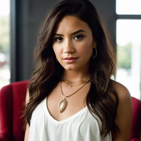 <lora:d3m1l0v4t0:1>, Realistic photo of a beautiful d3m1l0v4t0 woman, 1girl, solo, long hair, brown hair, jewelry, necklace, lips, chair, ring, realistic, soft lighting, professional Photography, Photorealistic, detailed, RAW, analog, sharp focus, 8k, HD, DSLR, high quality, Fujifilm XT3, film grain, award winning, masterpiece