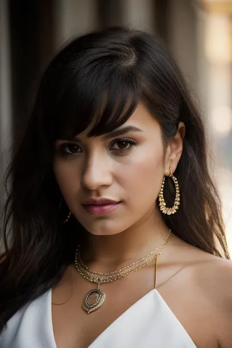 <lora:d3m1l0v4t0:1>, Realistic photo of a beautiful d3m1l0v4t0 woman, 1girl, solo, long hair, looking at viewer, black hair, brown eyes, jewelry, upper body, earrings, necklace, lips, portrait, realistic, pearl necklace, soft lighting, professional Photography, Photorealistic, detailed, RAW, analog, sharp focus, 8k, HD, DSLR, high quality, Fujifilm XT3, film grain, award winning, masterpiece