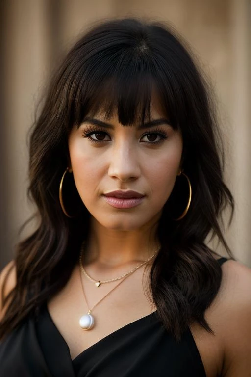 <lora:d3m1l0v4t0:1>, Realistic photo of a beautiful d3m1l0v4t0 woman, 1girl, solo, long hair, looking at viewer, black hair, brown eyes, jewelry, upper body, earrings, necklace, lips, portrait, realistic, pearl necklace, soft lighting, professional Photography, Photorealistic, detailed, RAW, analog, sharp focus, 8k, HD, DSLR, high quality, Fujifilm XT3, film grain, award winning, masterpiece