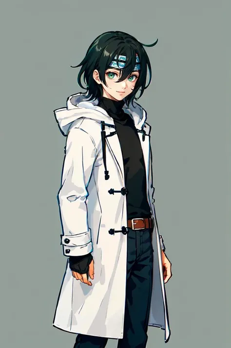 <lora:FE9 v5 Thick:0.7> cowboy shot,, ultra detailed, masterpiece, best quality,, ultra detailed, masterpiece, best quality, solo, smile, 1boy, green eyes, short hair, black hair, bangs, hair between eyes, messy hair, goggles on head,, headband, white coat, hooded coat, hood down, open coat, turtleneck, capri pants, pants, black knee boots,